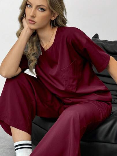 INAWLY Set de 2 piezas Conjunto informal de mujer con top de cuello redondo de manga corta y pantalones largos
