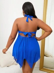 Slaydiva Plus Size Women's Solid Color Drawstring Asymmetric Hem Halter Swimsuit Skirt, Paired With Bottoms For Summer Beach Vacation