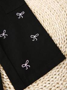 SHEIN Girls' Black Washed Casual Loose Fashion Cute Bow Embroidered Cargo Jeans With Multiple Pockets, Versatile And Stylish For Everyday Wear Fall Winter - Black - View 6