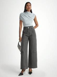 Daynim 女士休闲口袋阔腿宽松牛仔裤 - 淺灰色 - 查看 1