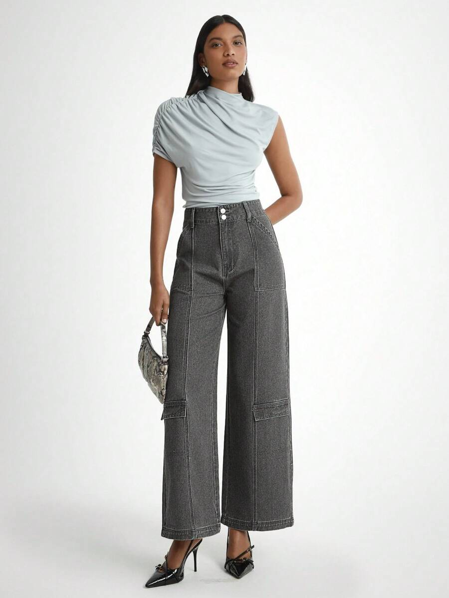 Daynim 女士休闲口袋阔腿宽松牛仔裤 - 淺灰色 - 查看 1