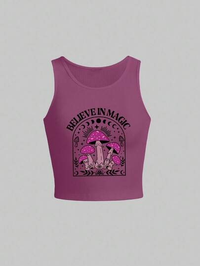 Fairycore Damen Lässig Pilz Muster Rundhals Trägershirt