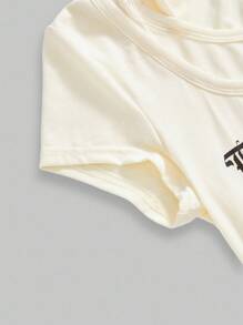 ROMWE Grunge Punk Y2K 复古美式街头图案印花短袖连帽衫 - 杏色 - 查看 3