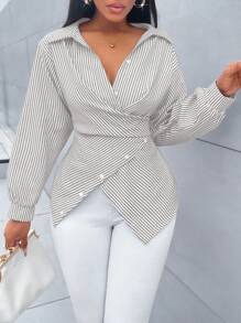 SOLERSUN 女式条纹印花纽扣前开襟衬衫，不对称下摆，蝙蝠袖，裹身衬衫，秋季，长袖，优雅，日常通勤，外出，休闲 - 灰色 - 查看 4