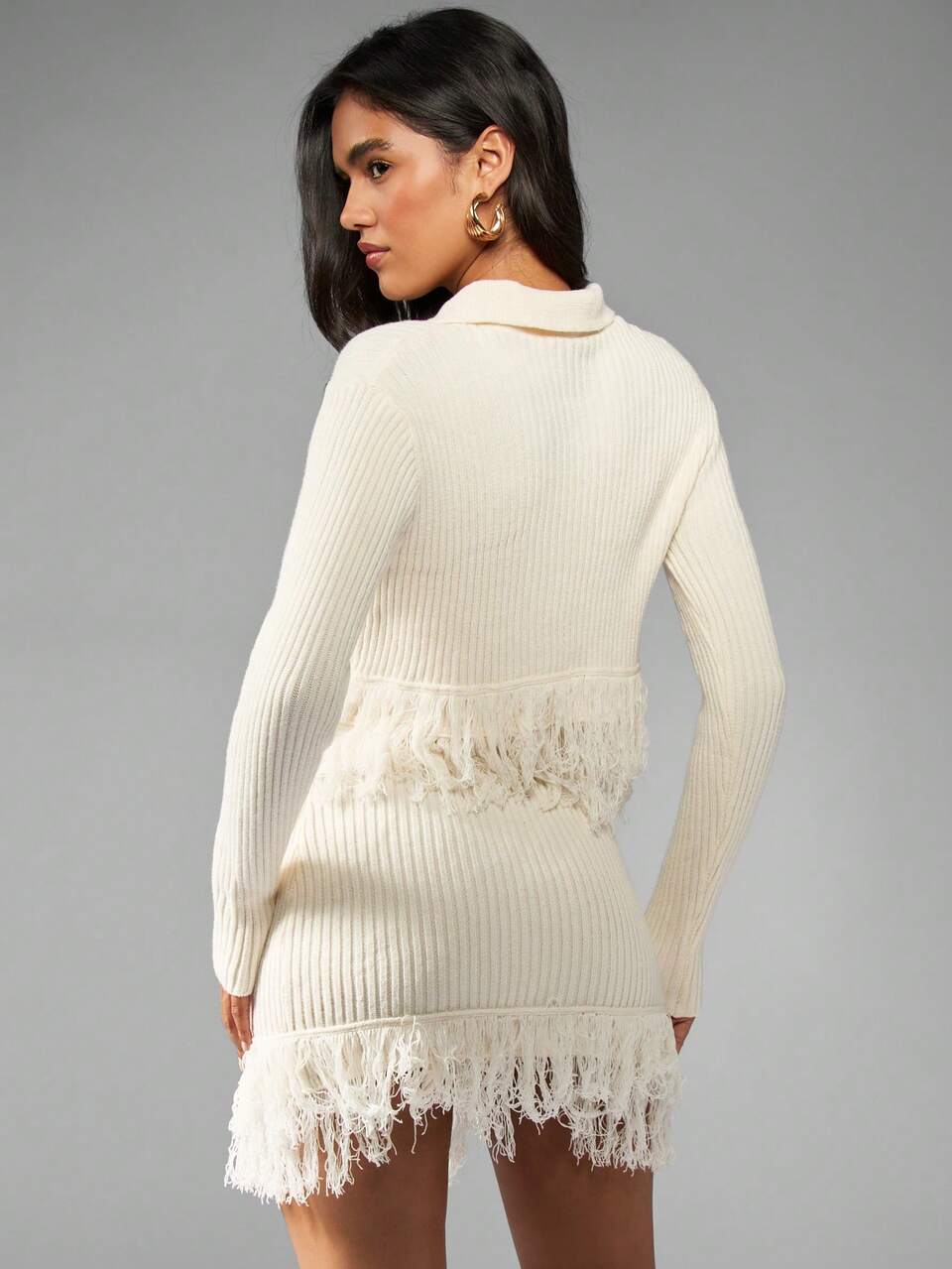 MISSGUIDED Ribbed Knit Co Ord With Fringe Detail