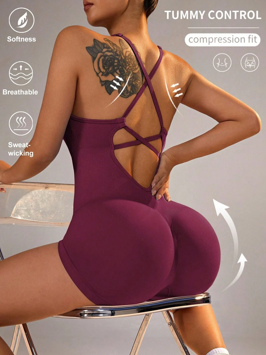 Slayform Women's Solid Color Criss-Cross Back Strap Yoga Sports Romper Workout Bodysuit Women Seamless Workout Jumpsuits Bodysuits For Women Tummy Control Yoga One Piece One Piece Workout Jumpsuit Yoga Bodysuit Yoga Jumpsuit Bodysuit Tummy Control One Piece Workout Set Tummy Control Bodysuit - Bold Plum - View 1