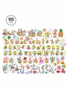 SpongeBob SquarePants | SHEIN 103张卡通图案贴纸套装，适合学生、青少年、男女，可用于笔记本、日记本、手工艺品等物品。也可用于滑板、笔记本电脑和行李箱的个性化装饰。可移除背胶，易于撕除不留残胶，包含章鱼哥、蟹老板、珊迪等卡通人物。 - 彩色 - 查看 5