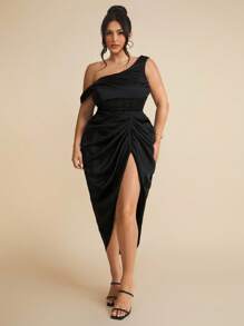 SHEIN BAE Váy xòe nhún bèo dự tiệc xuân/hè cỡ lớn cho nữ, váy satin - màu đen - Xem 5