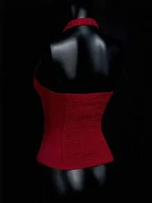 SHEIN ICON 女式纯色拉链挂脖系带绒面革背心红色束身衣上衣红色上衣女式束身衣上衣女式系带束身衣上衣红色上衣秋季女式服装婚礼宾客礼服女式 - 棕色 - 查看 6