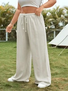 CovetEZ Pantalones de lino sólido con cordón y talla grande para mujeres en verano - Beis - Ver 3