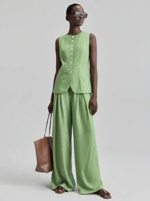 Ontre Women's 2025 New Autumn Fashion 2000s Retro Style Countryside Outfit, Office Lady Business Casual Suit With Sleeveless Jacket & Pants For Dates, Outings, Parties, Airports - Green - View 7