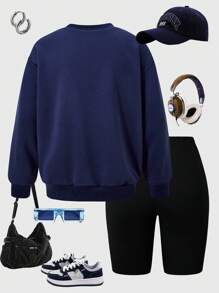 Tween-Mädchen Lässiges Set aus Langarm-Sweatshirt mit Buchstabendruck und engen Bike-Shorts, geeignet für die tägliche Lässig und den Sport, Frühling/Herbst - Blau - Übersicht 3