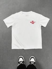 Manfinity Roghcode 男士白色圆领短袖 T 恤，浪漫标语图案印花，街头风格 T 恤，休闲，情侣 T 恤，夏季