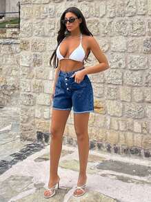 EURMUSE 100%Cotton HEART POCKET DETAIL HIGH WAIST SHORT - Medium Wash - View 7