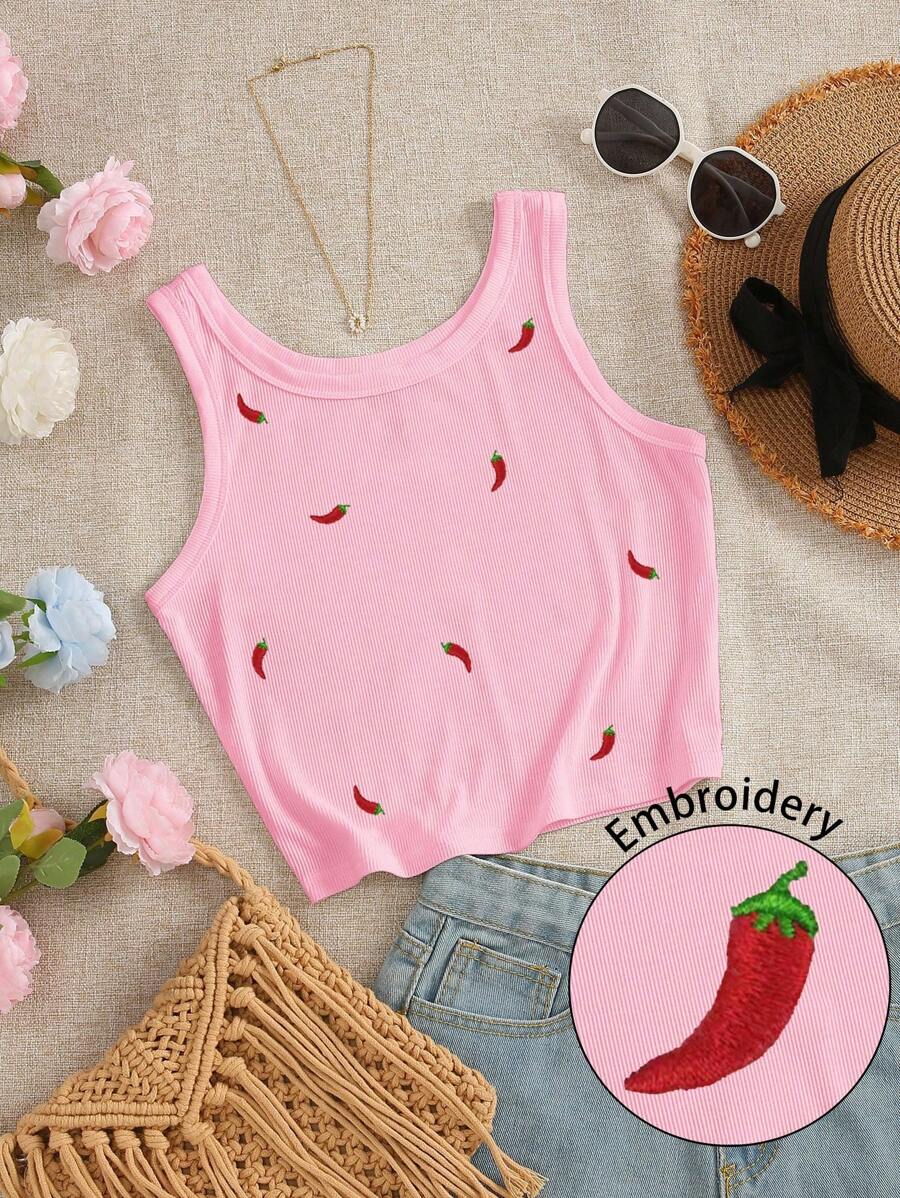 INAWLY Áo ba lỗ cổ tròn thêu họa tiết ớt chuông cho nữ - Hồng - Xem 1