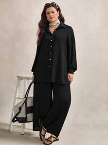 Zelara Plus Drop Shoulder Solid Shirt & Trousers Set - Black - View 6