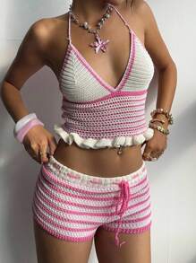 Aloruh 2 pezzi/Set, Completo estivo da vacanza, regata fatta a mano a uncinetto con decorazione floreale a contrasto di colore e mini gonna super corta a contrasto di colore per donna