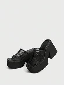 Sugerpunk Women's Fashion Lightweight Square Toe Thick Bottom Wedge Slippers Punk Style Mesh Embroidery Thick High Heel Open Toe Slip-On Sandals, Comfortable Breathable Casual Party Wear For Christmas - Black - View 5