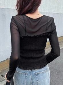 FRIFUL Femmes T-shirt ample à manches longues col rond en couleur noire unie, patchwork en tissu de maille transparente, coupe slim, automne - Noir - Voir 5