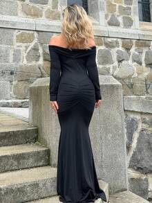 Jeta Ari Off Shoulder Long Sleeve Maxi Dress Vacation Summer Spring Romantic Wedding Guest Birthday, Elegant Holiday Ibiza - Black - View 2