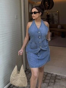 Dripcurv Plus Size Open Back Halter Neck Top & Denim Skirt 2 Pieces Set - Blue - View 3