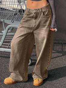 Strévra 复古宽松街头洗水做旧阔腿女式牛仔裤 - 藍色 - 查看 3