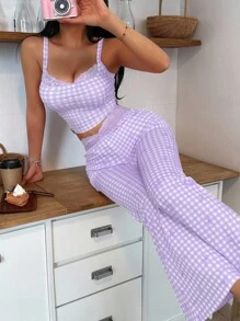 Snug Zone Women's Retro Plaid Bow Print Lace Trim Camisole And Flare Leg Pants Pajama Set - Purple - View 5