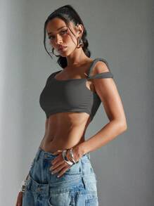 Denimoi Áo crop top cổ lệch vai xoắn - Màu xám đen - Xem 4