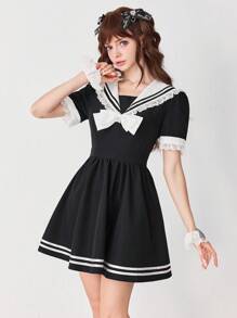 EDITION 女式条纹海军蓝领迷你连衣裙，深色学院风荷叶边下摆，少女感十足 - 黑色 - 查看 3