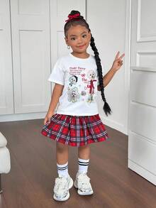Young Girl 2pcs Set: Knitted Crew Neck T-Shirt & Plaid Skirt