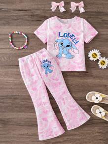 2 件套年轻女孩可爱图案上衣和长喇叭裤套装，鲜艳的扎染面料，休闲日常穿着 - 粉色 - 查看 3