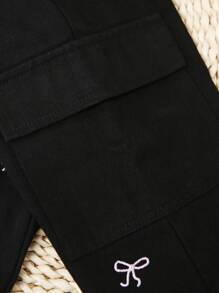 SHEIN Girls' Black Washed Casual Loose Fashion Cute Bow Embroidered Cargo Jeans With Multiple Pockets, Versatile And Stylish For Everyday Wear Fall Winter - Black - View 7