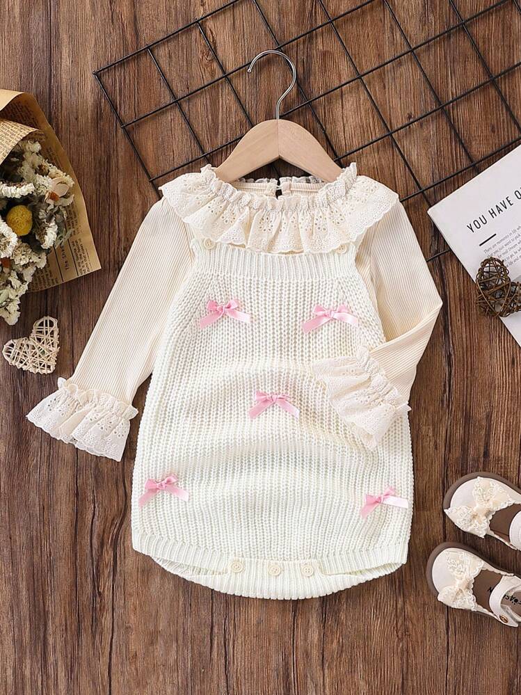 SHEIN 女宝宝可爱蝴蝶结装饰针织休闲毛衣，可爱休闲风，米色经典蝴蝶结装饰，柔软舒适，适合春秋冬，适合日常场景，适合旅行场景 - 彩色 - 查看 7