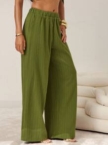 Vixey Stripe Elastic Waistband Wide Leg Pants, Business Casual, Office - Green - View 5