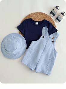 3pcs Baby Boy Casual Holiday Knit Blue T-Shirt, Plaid Overalls, Suspender Pants, Sun Hat Set, Suitable For Birthday Party, Banquet, Performance, Wedding, Month Celebration, Baptism And 1st Birthday, Baby Shower Event - Multicolor - View 1