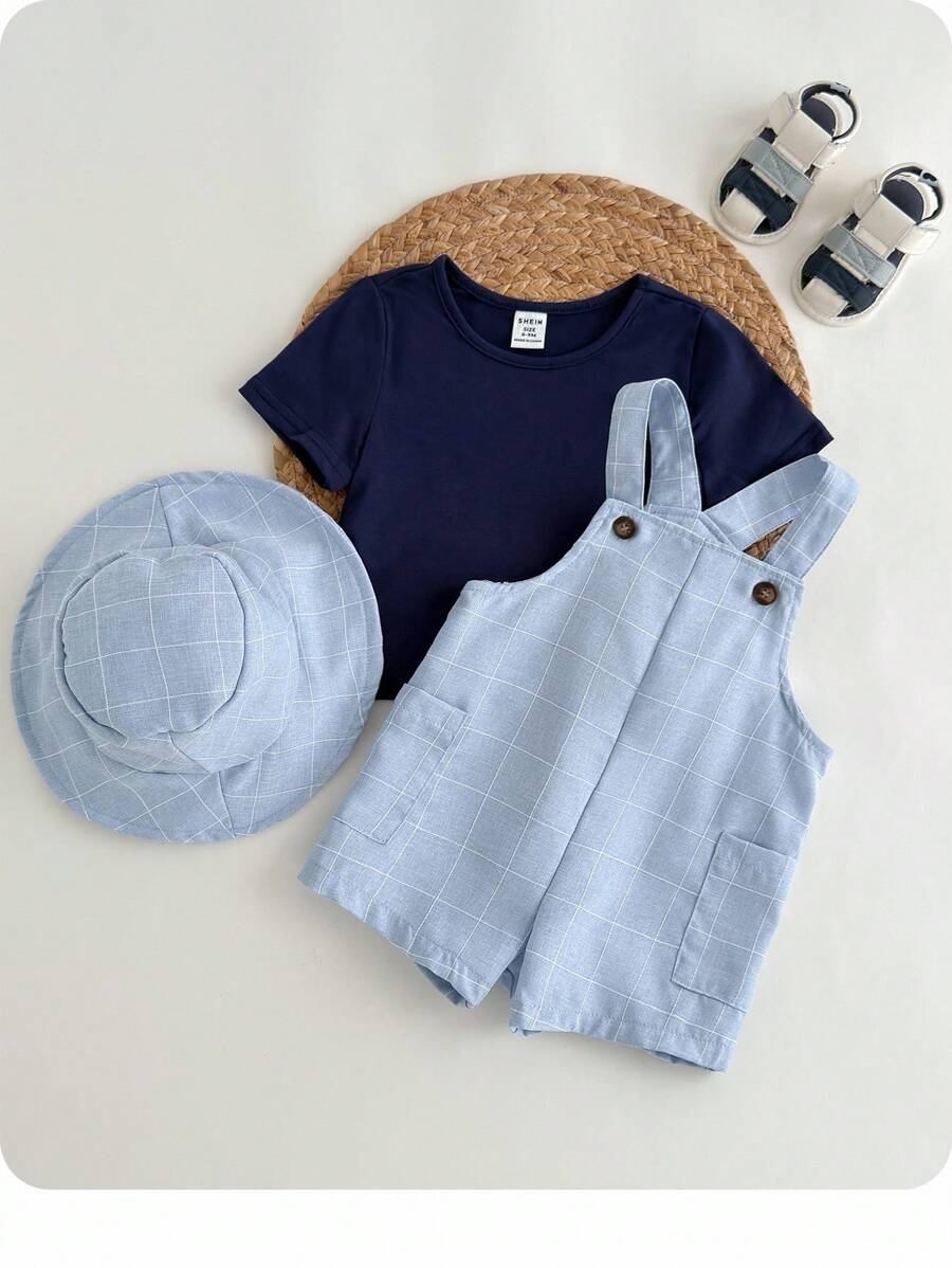 3pcs Baby Boy Casual Holiday Knit Blue T-Shirt, Plaid Overalls, Suspender Pants, Sun Hat Set, Suitable For Birthday Party, Banquet, Performance, Wedding, Month Celebration, Baptism And 1st Birthday, Baby Shower Event - Multicolor - View 1