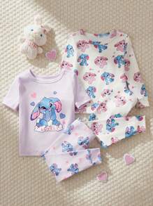 Conjunto de 4 piezas de pijama casual y ajustado para bebés niñas, con estampado de dibujo de Stitch, ropa cómoda para estar en casa para Halloween, primavera/otoño/invierno - Multicolor - Ver 8