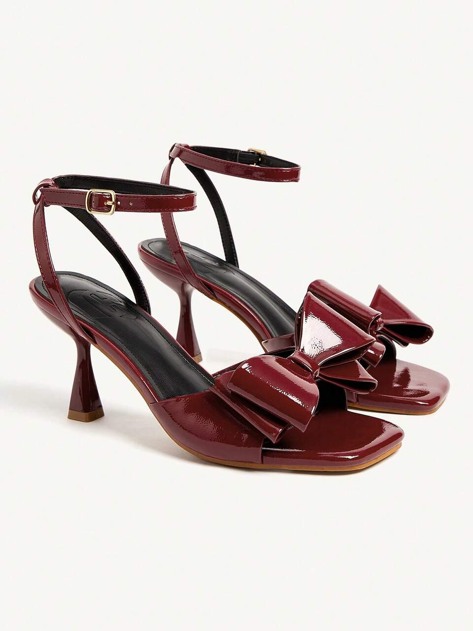 CUCCOO CHICEST Burgundy Faux Leather Elegant Bowknot Square Toe Mid Heel Sandals, Romantic Fashion Stilettos For Women, Suitable For Formal Occasions, Parties, Dates, Holidays, Festivals
