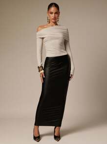 Silquee Women's Autumn Winter Solid Color Ruffle Shoulder Long Sleeve Fitted T-Shirt Business One Shoulder Not Fashionable Neckline Halter Sexy Party Tops, Women's Cute Tops, Christmas Clothing Women's New Year Style Women's Going Out Tops, Women's Christmas Tops, Cropped Tops Women's Retro Style Women's Not Fashionable Tops,Elegant Women's Blouses - Beige - View 7