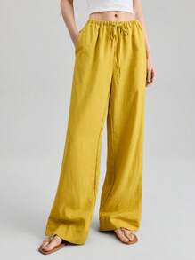 Ontre 2025 New Styles For Women Fall Women's Clothing Seasonal Clothing Fall Clothing Fall Back To School School Clothing 2000s Style Women's Country Clothing Old Money Style Women's Office Clothing Business Casual Women's Clothing Dating Outing Airport Party Clothing Solid Color Casual Daily Drawstring Loose Leg Trousers Low-Key And Durable Basic Style, All-Match And Suitable For Everyone, Street Fashion Wear, Coffee Shop Wear, Relaxed Wear All-Season - Yellow - View 2