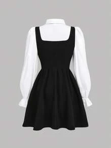 Girlism 2 件套青少年女孩梭织领泡泡袖衬衫和吊带裙，含领带，返校季 - 黑與白 - 查看 2