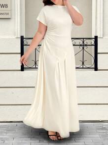 INAWLY Women's Plus Size White Long Casual Dress, Elegant Short Sleeve