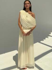 Aloruh New Draped Ruched Shoulder Slim Fit Maxi Party Vacation Holiday Dress, Versatile Lightweight Formal Gown Wedding Pale Yellow Summer Elegant - Beige - View 3