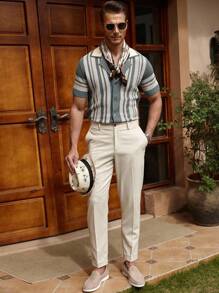 Manfinity Homme 男士条纹翻领短袖单排扣针织上衣