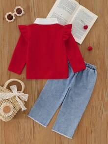 2pcs Baby Girls' Casual Red Long Sleeve Top And Denim Pants Set Cherry Baby Outfit Baby Girl Outfit Toddler Girl Outfit Cherry Jeans Outfit Baby Jeans Set Baby Girl Outfit Set Toddler Girl Clothes Baby Girl Jeans Outfit Baby Girl Clothes Baby Jeans Outfit Red Baby Outfit Fall Winter - Red - View 2