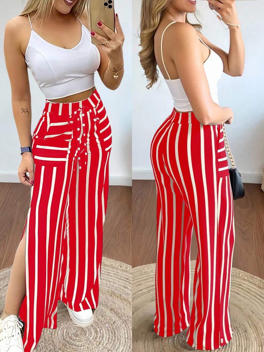 INAWLY 2 件性感修身吊带背心和直筒条纹裤套装，休闲优雅，适合女士 - 紅色 - 查看 1