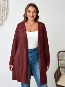 Comfylo Cárdigan de punto acanalado de color liso talla grande para ropa de primavera, otoño e invierno - Burdeos - Ver 7
