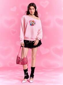 THE POWERPUFF GIRLS X SHEIN 女式不对称领口花朵、泡泡、毛茛花图案长袖运动衫 - 粉色 - 查看 6