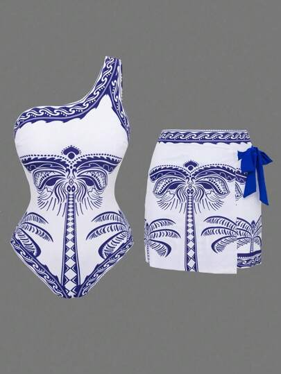 Swim Oasis Plus Size Women's One-Piece Digital Print High-Quality Swimsuit With Matching Skirt, Suitable For Beach And Pool For Summer Beach Vacation