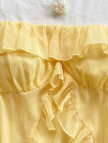 Soleia Women's Holiday Cream Yellow Chiffon Crinkle Fabric Off Shoulder Ruffle Trim Long Sleeve Blouse, Suitable For Holiday Dates, Afternoon Tea, Island Getaways, Beach Vacations, City Trips, Boho Vacations, Music Festivals Yellow Off The Shoulder Top Ruffle Tops Yellow Ruffle Top Ruffle Blouse Yellow Top Yellow Blouse Ruffle Sleeve Top Chiffon Top Women Yellow Blouse Off Shoulder Top ,Elegant Women's Blouses Yellow Blouses Cute Yellow Top Summer Tops Yellow - Yellow - View 4